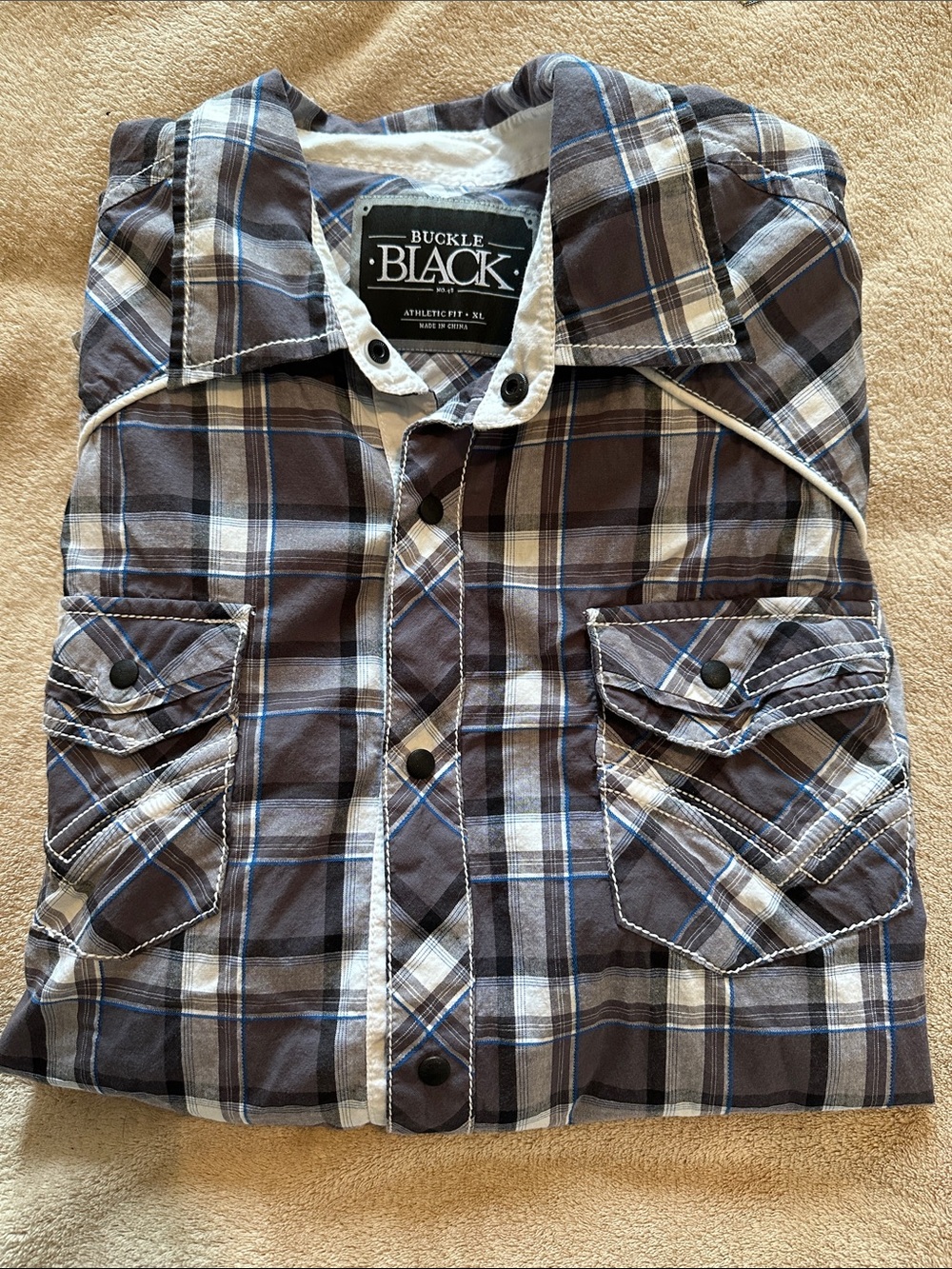 Buckle Black Label Gray Plaid Western Shirt with White Accents